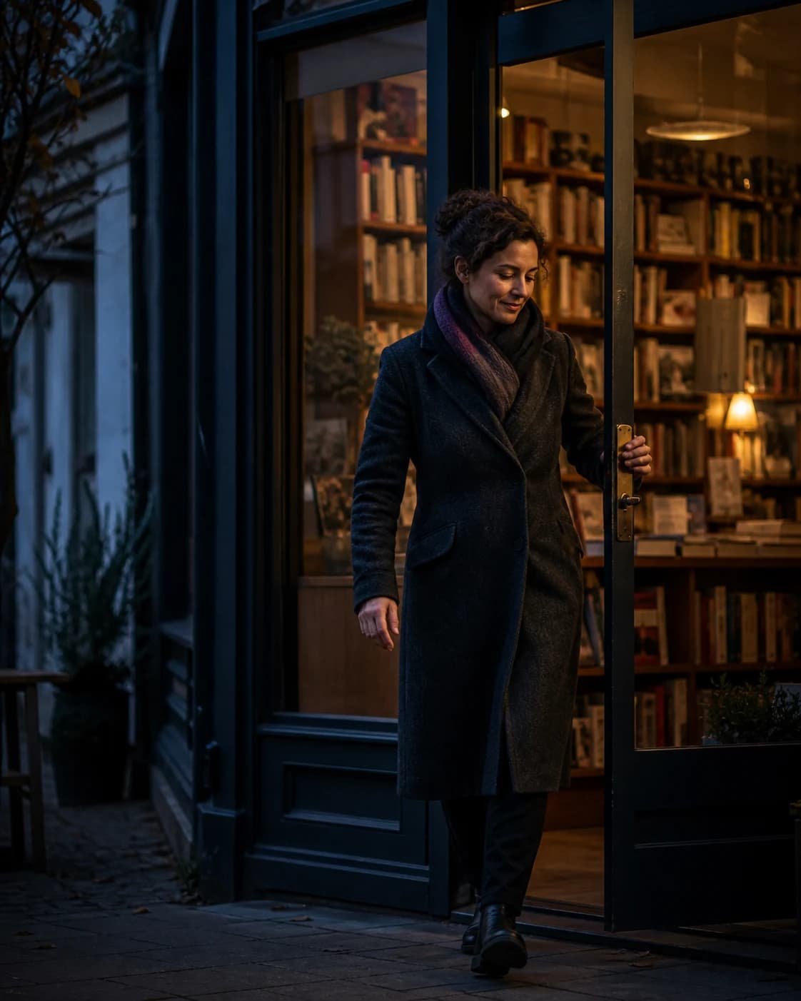 A bookstore owner locking the door and leaving work at work