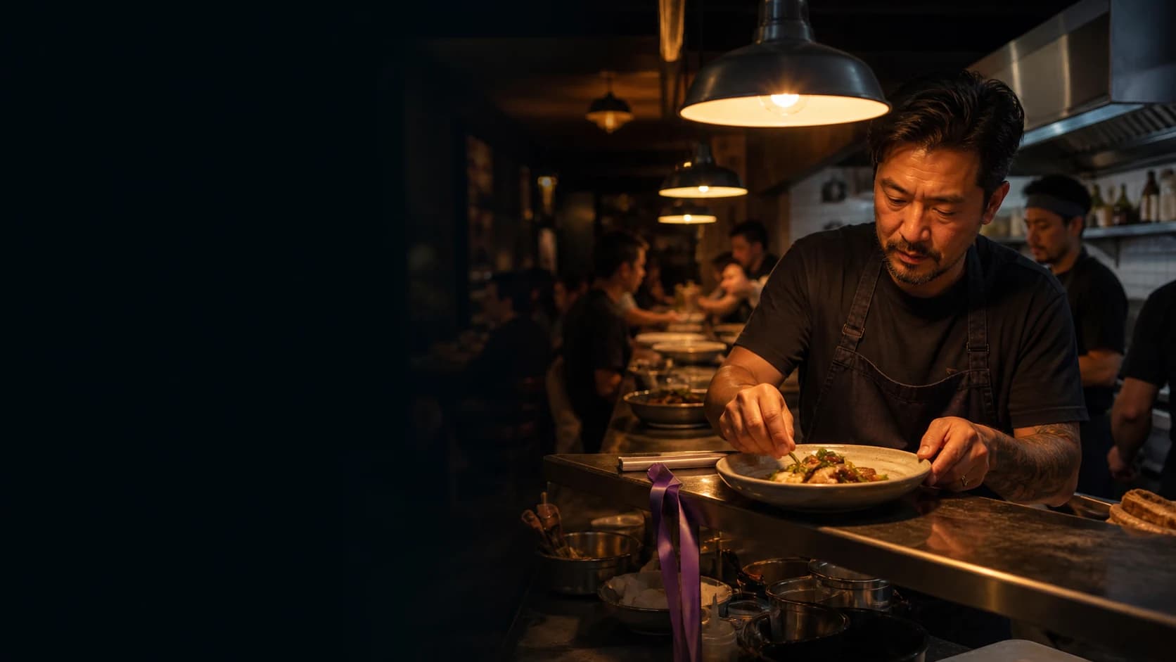 A neighborhood restaurant owner plating dinner while the month’s marketing is handled