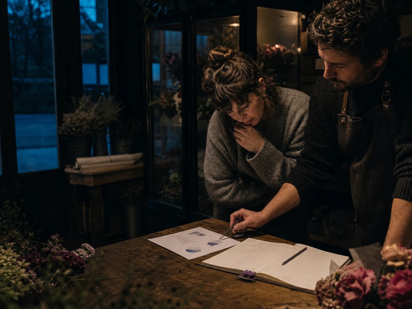 A florist owner and manager reviewing campaign performance after closing