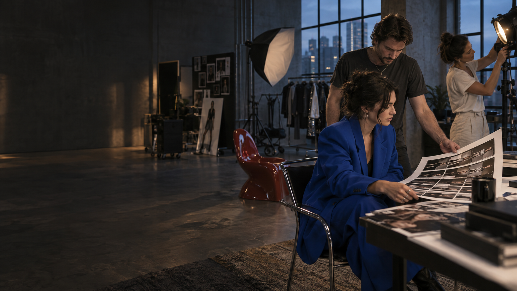 A creative team developing a campaign together in an editorial photography studio