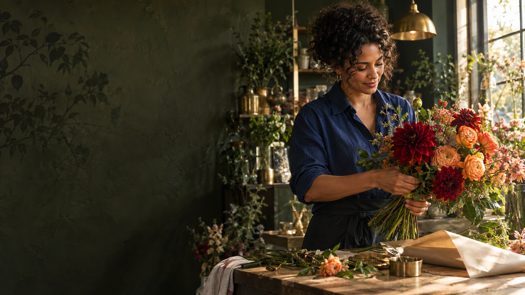 An independent florist arranging a bouquet in her sunlit flower shop