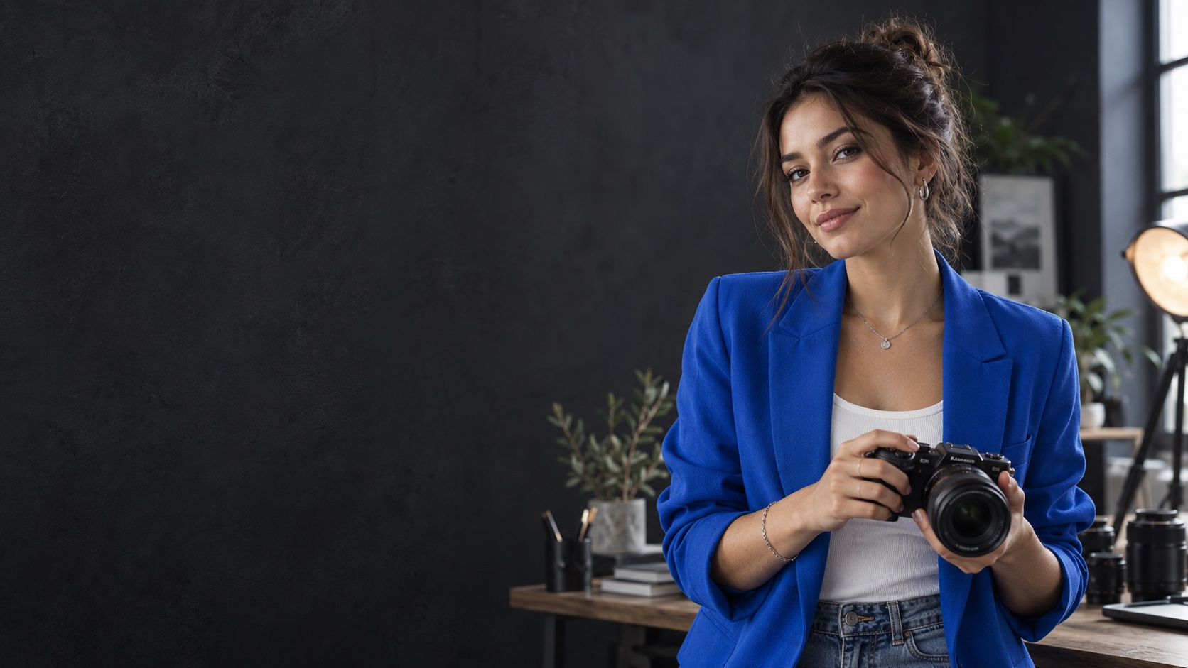 A creator in a cobalt blazer holding a camera in her studio
