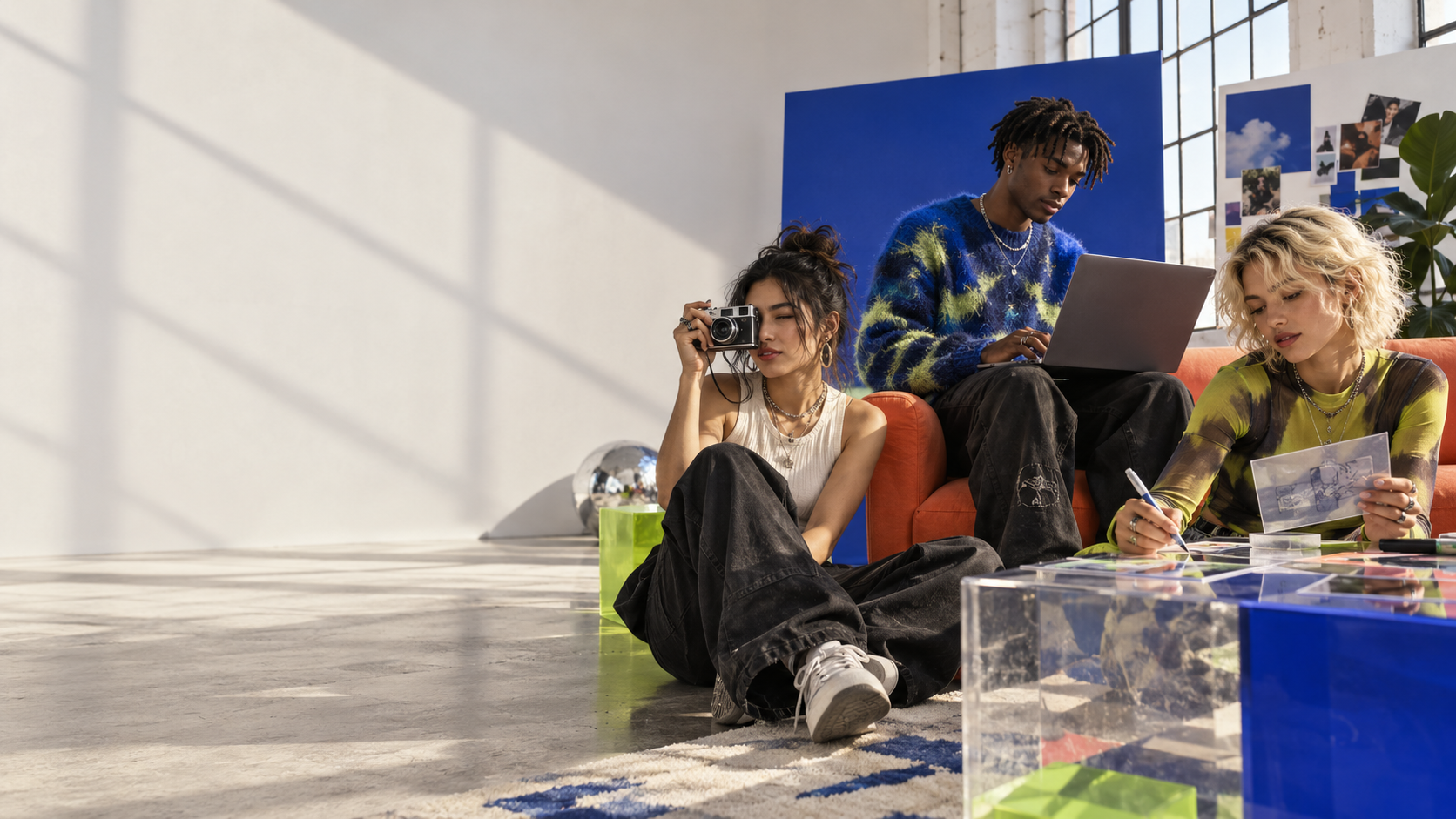 Three creators shaping photos, ideas and campaigns together in a bright studio