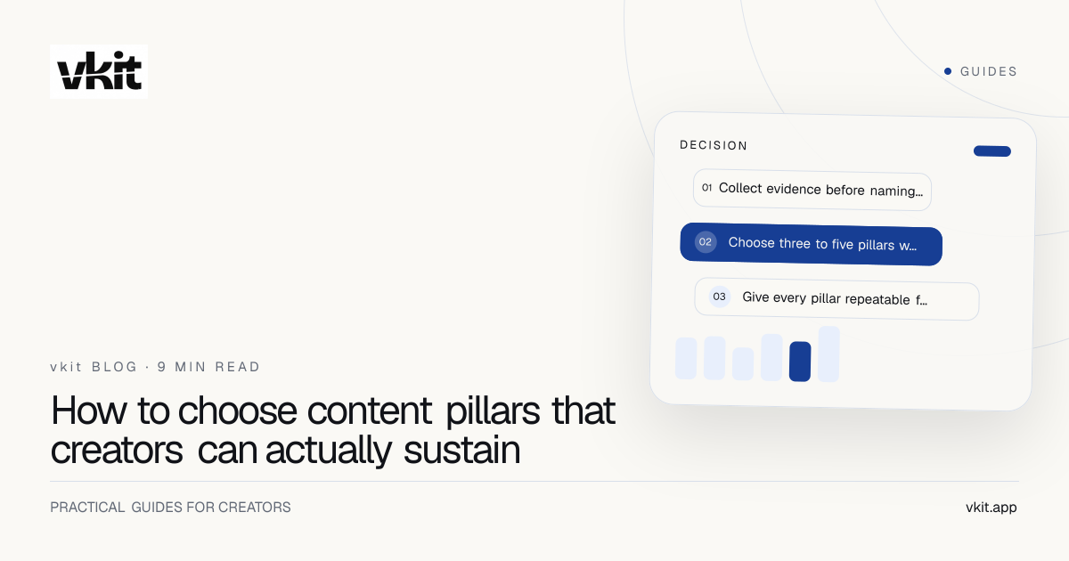 vkit guide showing five creator content pillars connected to audience questions and business goals