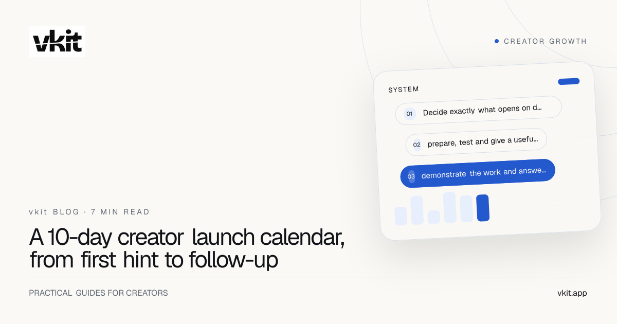 Blue vkit editorial cover with the headline: A 10-day creator launch calendar, from first hint to follow-up