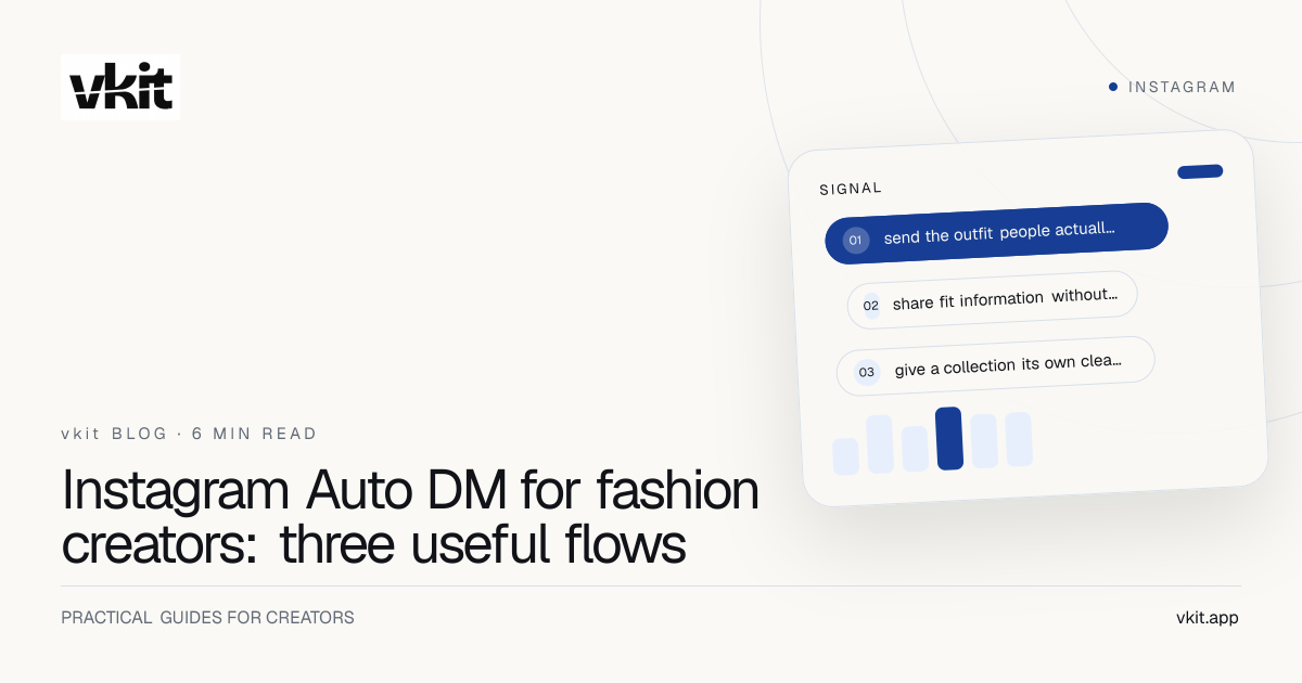 vkit editorial cover with an Instagram Auto DM guide for outfit links, size information and fashion collections