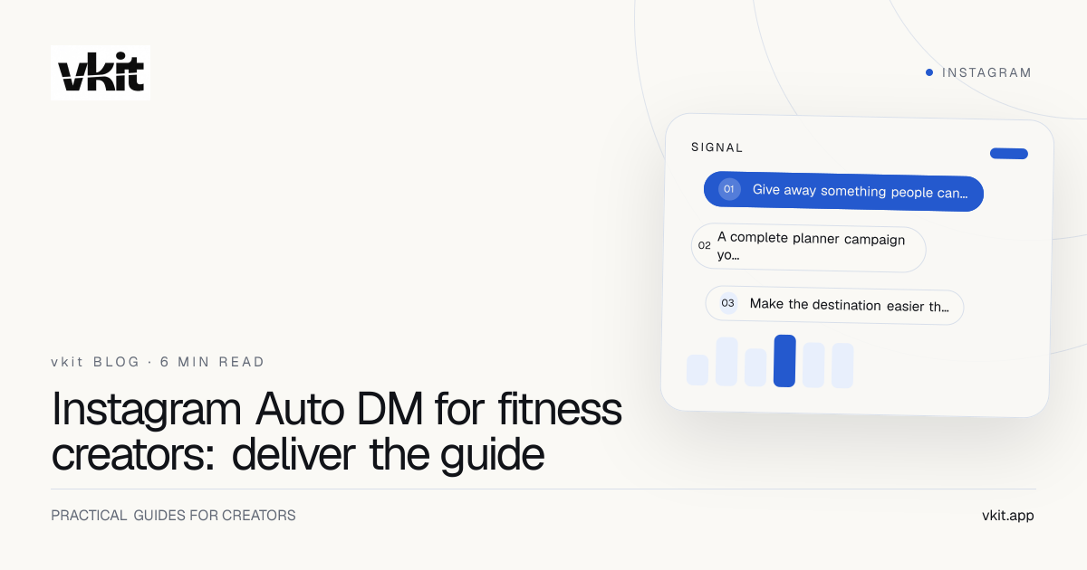 vkit article cover with the title Instagram Auto DM for fitness creators and a cobalt frame