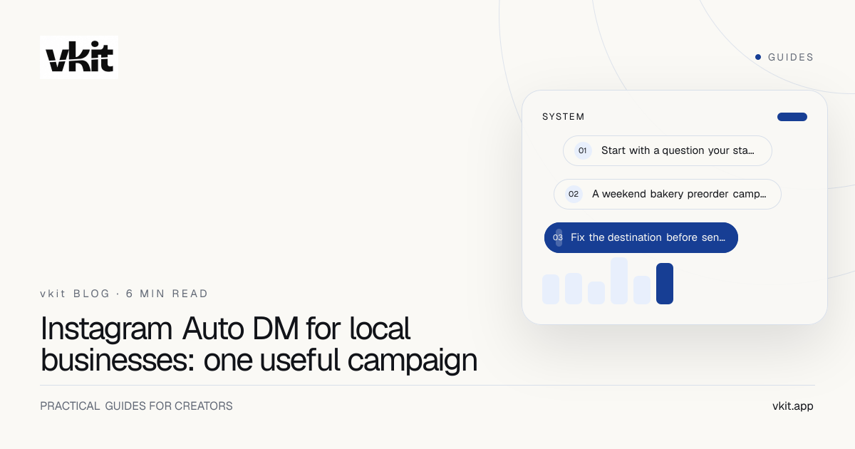 vkit article cover featuring the local business Auto DM campaign title inside a cobalt border