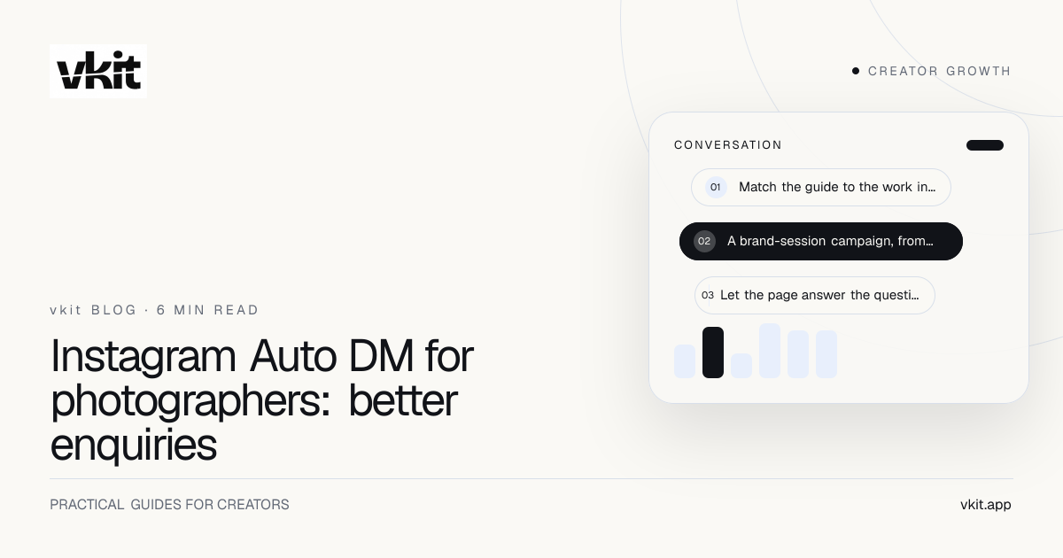 vkit article cover displaying Instagram Auto DM for photographers in a cobalt editorial layout
