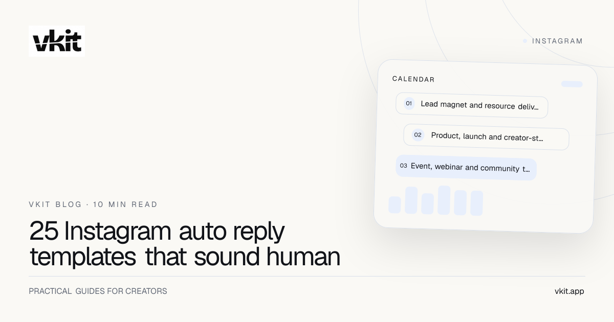 Instagram AutoDM templates cover with cobalt message cards, short example replies and numbered writing prompts