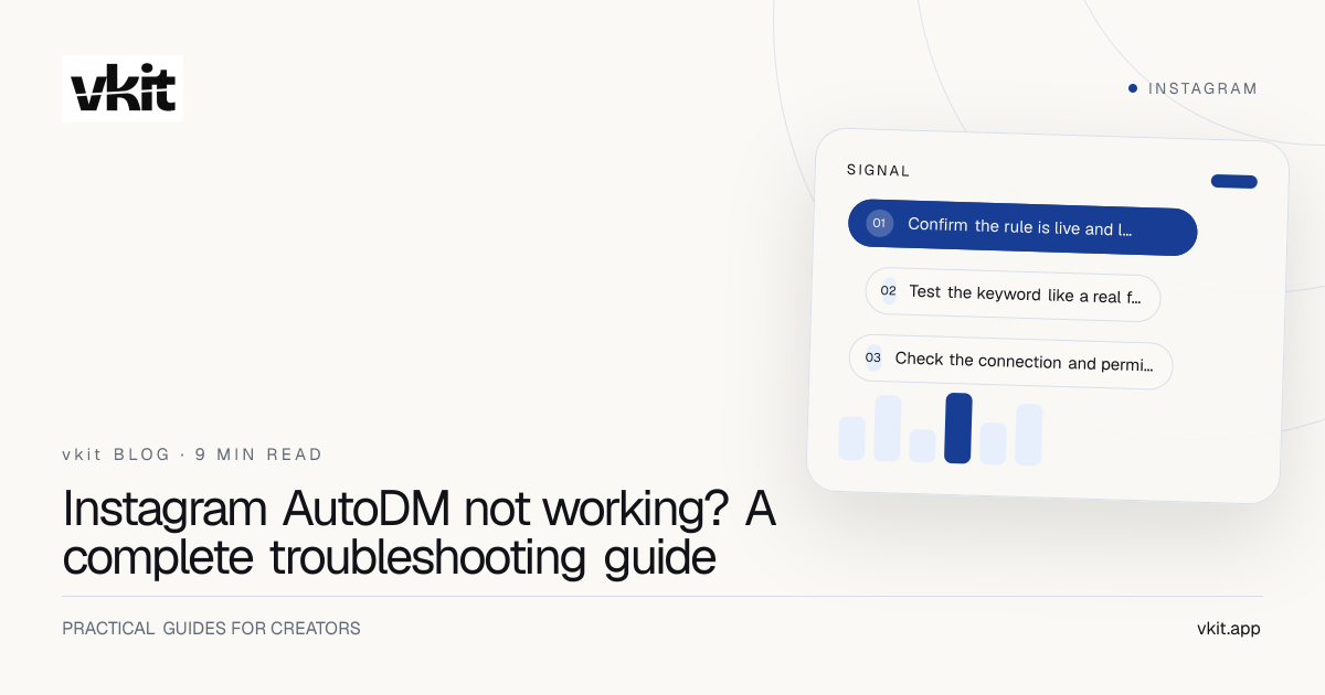 vkit support guide cover showing an Instagram comment moving through a checked AutoDM diagnostic path