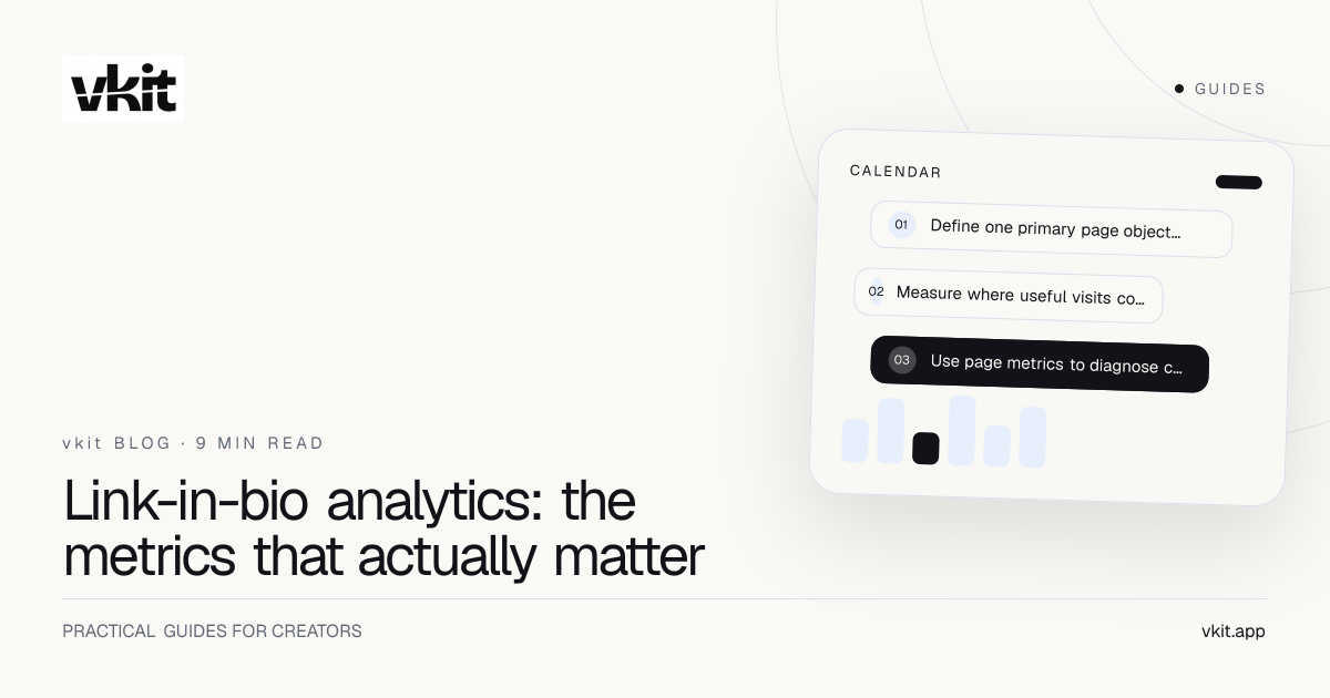 vkit analytics guide showing a link-in-bio visit moving to click form and outcome metrics