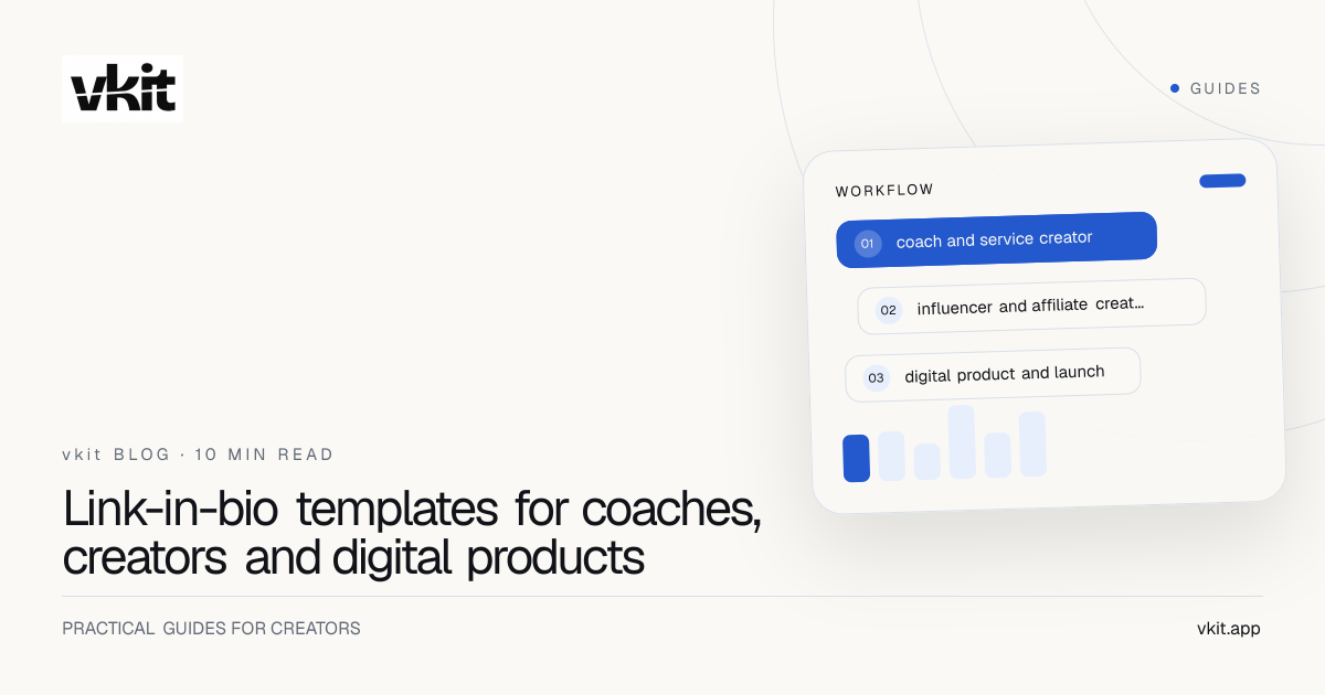 vkit template guide showing six mobile link-in-bio layouts for different creator businesses