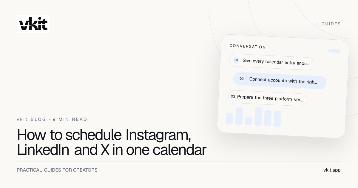 vkit calendar guide showing scheduled Instagram LinkedIn and X posts in one weekly view