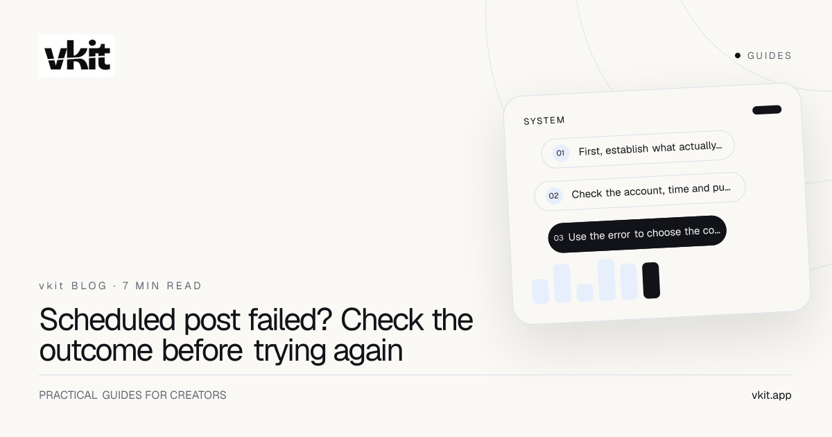 Blue vkit editorial cover with the headline: Scheduled post failed? Check the outcome before trying again