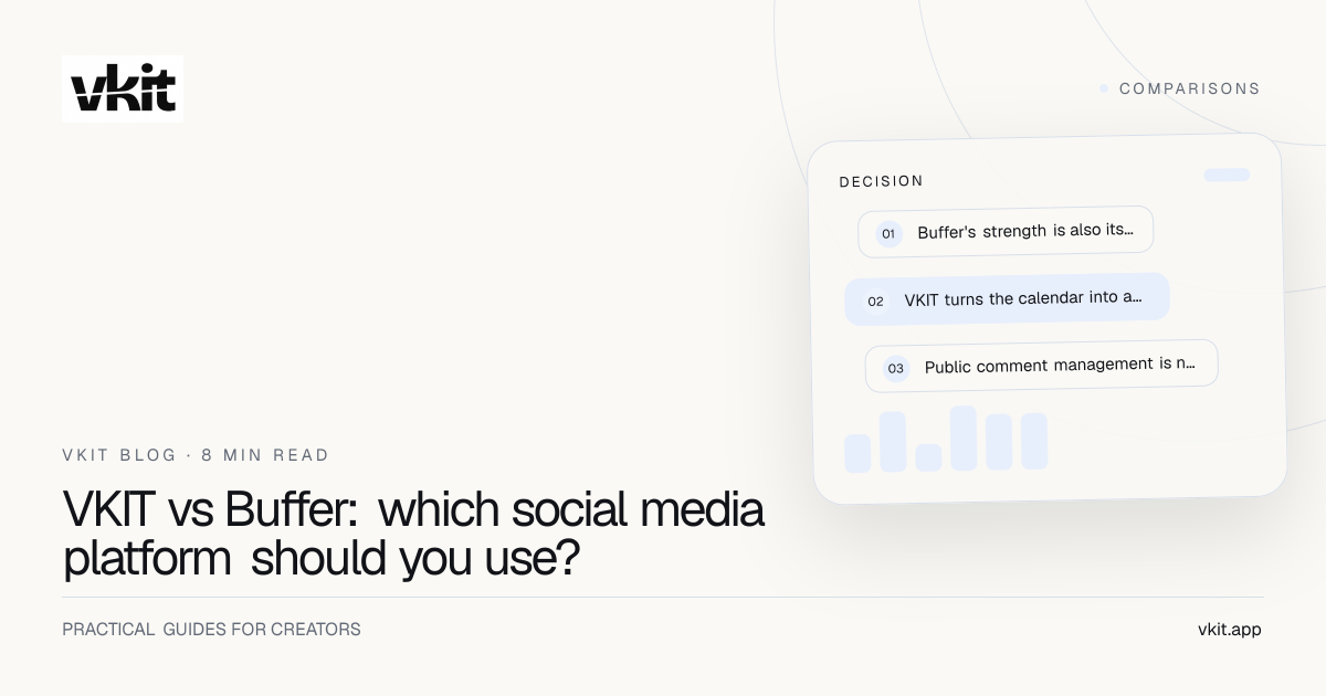 Clean VKIT comparison card showing VKIT and Buffer beside a publishing calendar and Instagram direct message