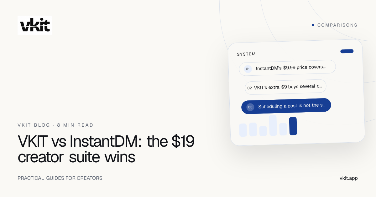 VKIT and InstantDM comparison cover with an automation flow and connected creator toolkit