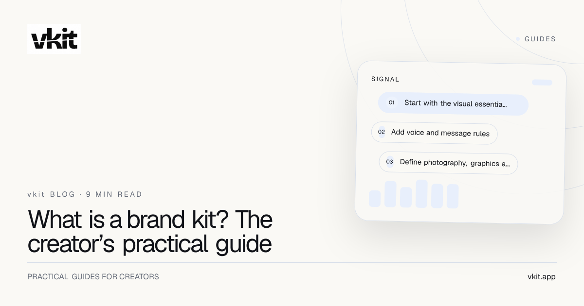 vkit guide showing a creator brand kit with logo color type voice imagery and proof