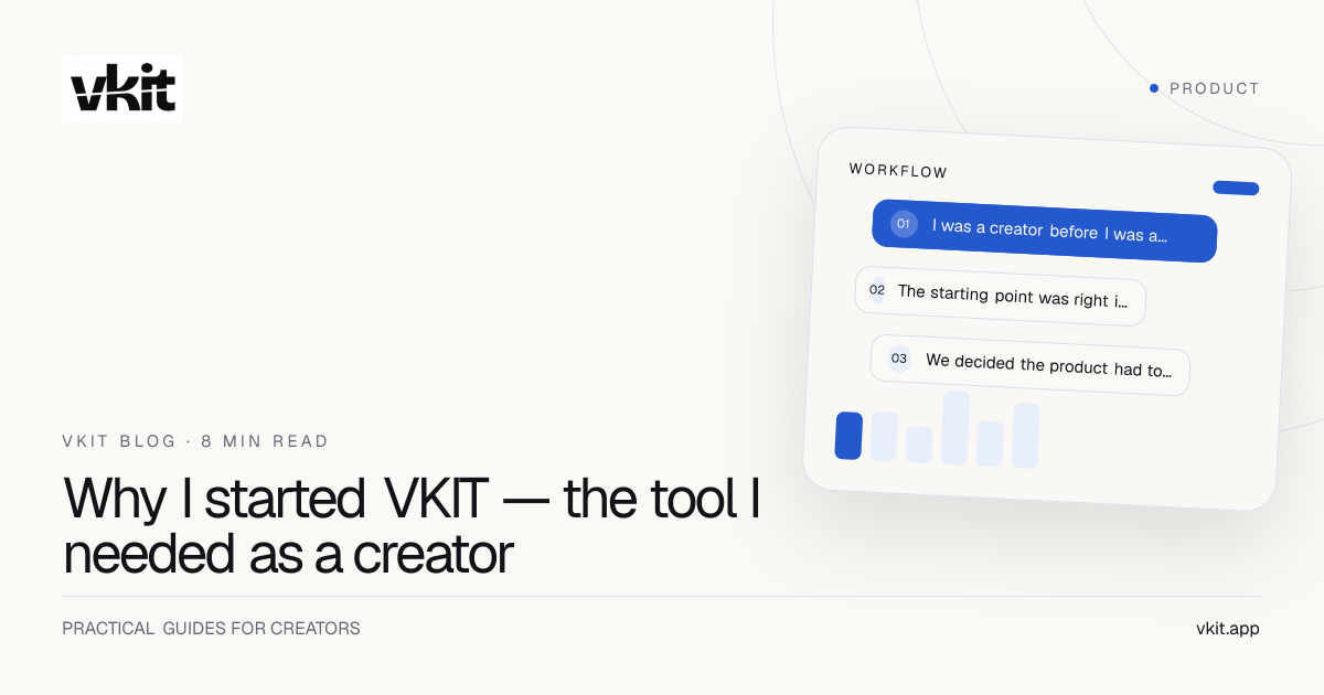 VKit founder story cover with clean cobalt typography and circular linework on a warm white background
