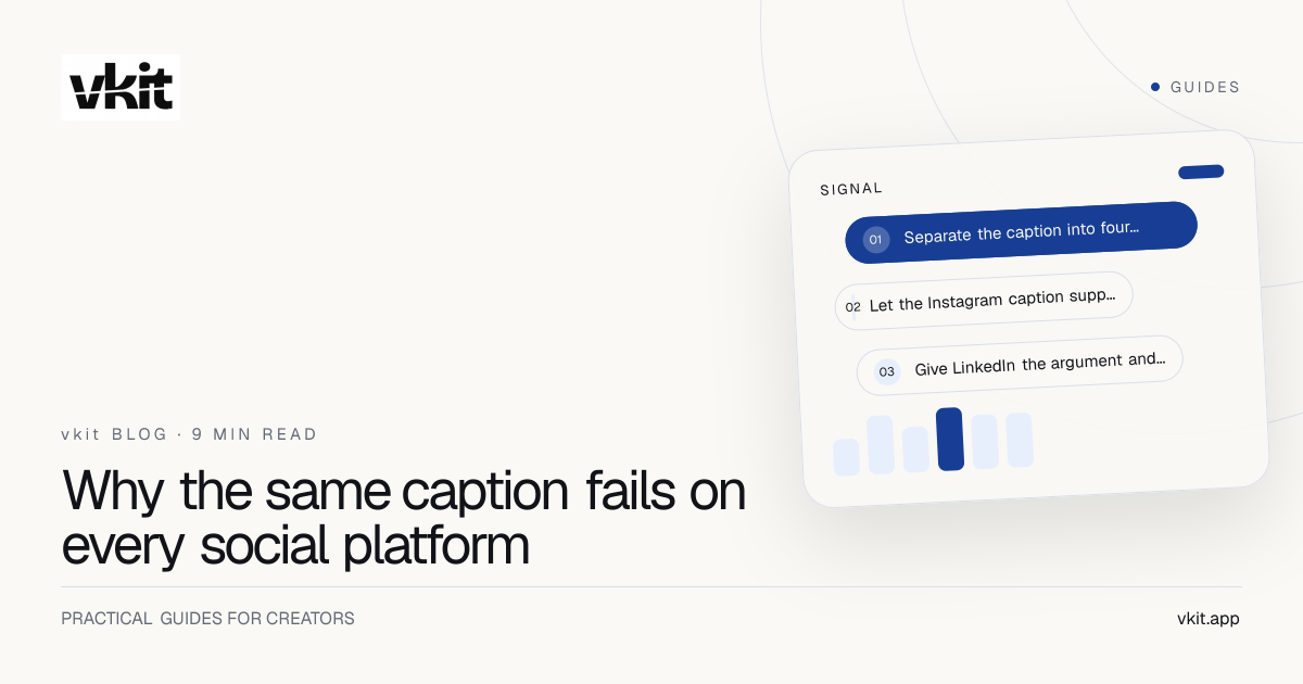 vkit creator guide showing one awkward copied caption rewritten for Instagram LinkedIn and X