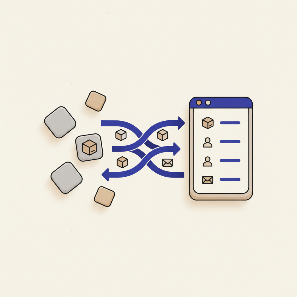 Old scattered tool tiles sliding into one VKit card via migration arrows